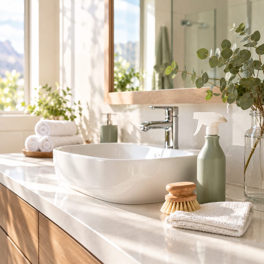 A clean white basin with a spray bottle, scrub brush and folded cloth on the vanity