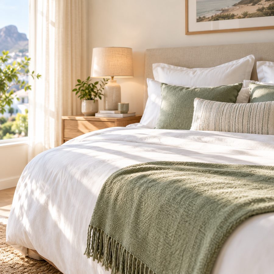 A neatly made bed with white linen and a folded throw