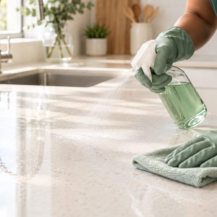 Gloved hands spraying and wiping a stone kitchen counter