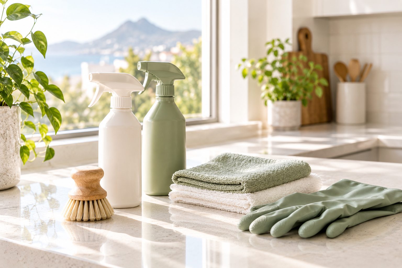 Spray bottles, a scrub brush, microfibre cloths and rubber gloves on a sunlit kitchen counter